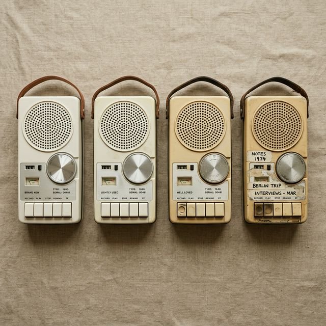 Quatro gravadores analógicos mostrando progressão de desgaste de novo a profundamente pessoal